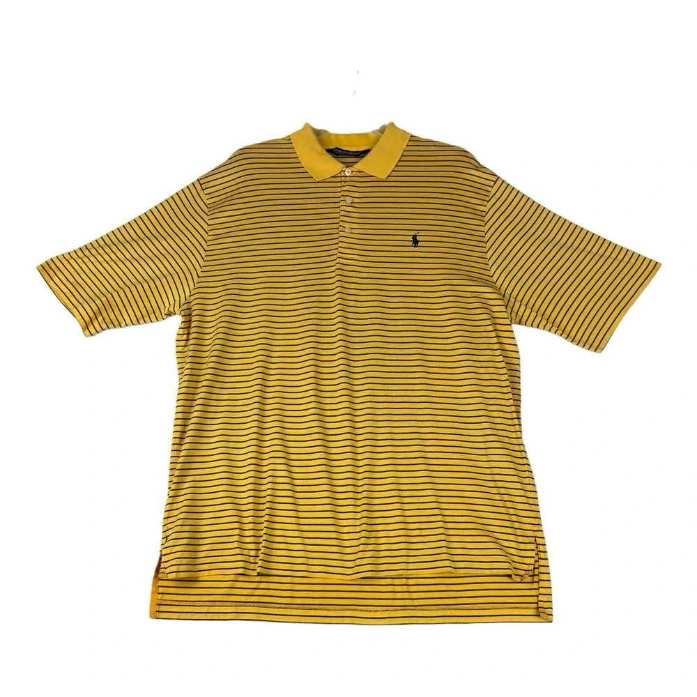 Polo Golf Ralph Lauren Shirt Mens Large Gold‎ Striped Pima Cotton Black Label
